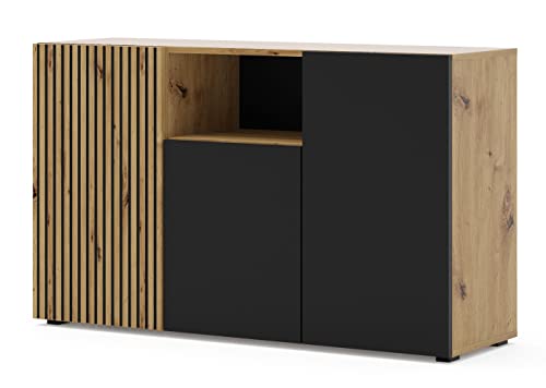 Homlando BIM Furniture Kommode AURIS 3D 135 cm Sideboard Highboard Schrank mit 3 Türen Artisan Eiche/Schwarz Matt, Large. Kostenlos nach Hause liefern