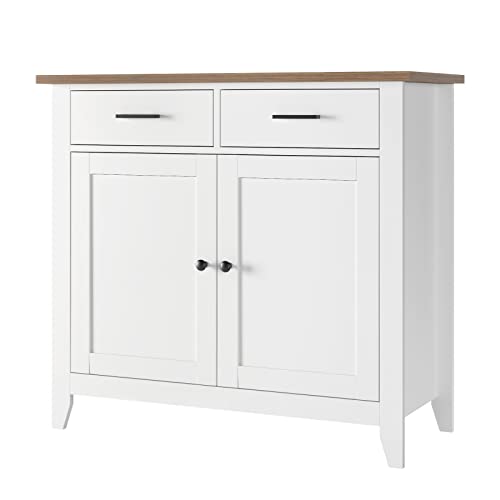 HOCSOK Sideboard Weiß Küchenschrank mit 2 Schubladen und 2 Türen, Kücheninsel mit Arbeitsplatte für Küche, Wohnzimmer, Esszimmer, Holz, 82 x 40 x 91cm