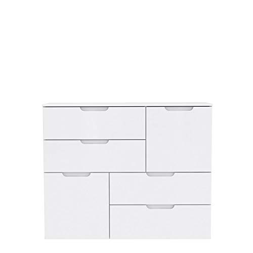 FORTE Sienna Kommode mit 2 Türen und 4 Schubladen, Holzwerkstoff, Weiß/ Weiß Hochglanz, 114.9 x 34.1 x 92.9 cm