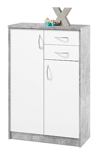 Home4You Kommode Highboard Mehrzweckschrank | Dekor | Betonoptik | Weiß | 2 Türen | 2 Schubladen