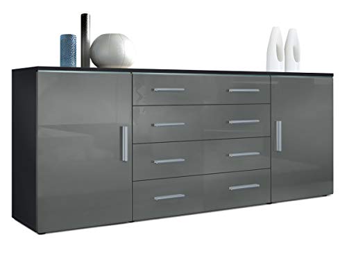 Vladon Sideboard Faro V2, Kommode mit 2 Türen und 4 Schubladen, Schwarz matt/Grau Hochglanz (166 x 72 x 35 cm)