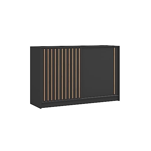 BETTSO -Kommode Sideboard mit Schiebetüren Schrank mit Lamellen Aufbewahrungsschrank-150x94x45cm-LA Y (Schwarz+Wotan Lamellen)