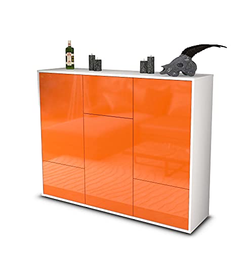 Stil.Zeit Highboard Kommode Mira - Korpus Weiss matt - Front Hochglanz-Design Mandarine (136x108x35cm) - Push-to-Open Technik & hochwertigen Leichtlaufschienen - Made in Germany