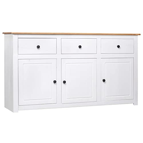 Hommdiy Sideboard Küchenschrank mit 3 Schubladen und 3 Türen 135 x 40 x 80 cm Buffetschrank Aufbewahrungsschrank Geschirrschrank Massivholz Panama-Kiefer Weiß