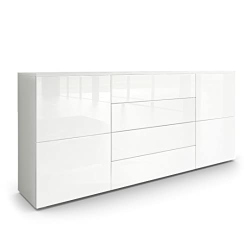 Vladon Sideboard Rova, Made in Germany, Kommode mit 4 Türen und 4 Schubladen, Weiß matt/Weiß Hochglanz/Weiß Hochglanz (166 x 72 x 35 cm)