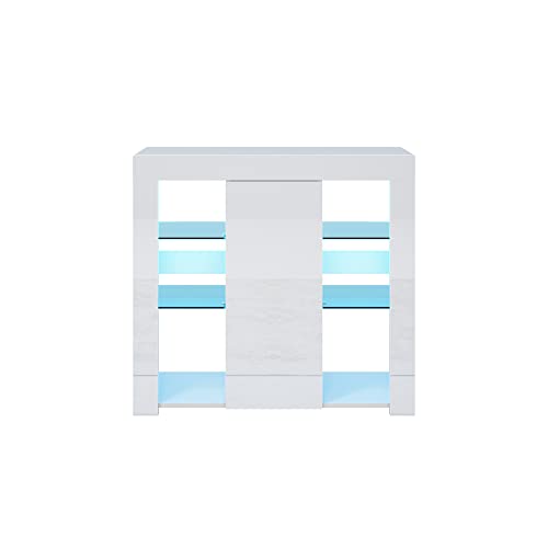 SONNI Kommode Weiß Hochglanz mit LED Beleuchtung Sideboard Weiss mit 1 Schiebetüren 90(B)*35(T)*83(H) cm