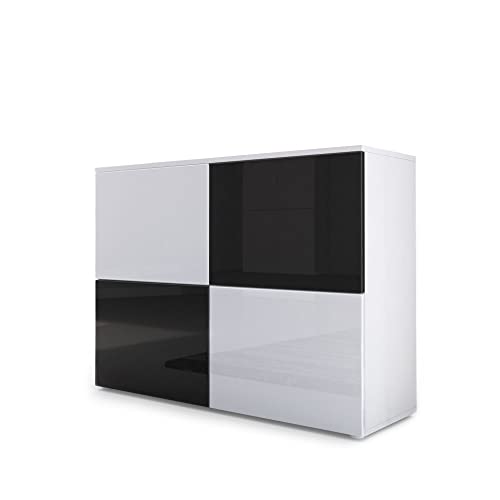 Vladon Sideboard Rova, Made in Germany, Kommode mit 4 Türen, Weiß matt/Weiß Hochglanz/Schwarz Hochglanz (92 x 72 x 35 cm)