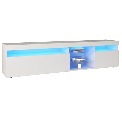 Azkoeesy TV Schrank 180 cm mit LED-Beleuchtung in Weiß Hochglanz Fernseher kommode TV Board Lowboard Sideboard Fernsehschrank, Weiß