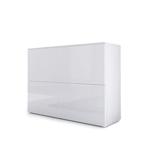 Vladon Sideboard Rova, Made in Germany, Kommode mit 4 Türen, Weiß matt/Weiß Hochglanz/Weiß Hochglanz (92 x 72 x 35 cm)