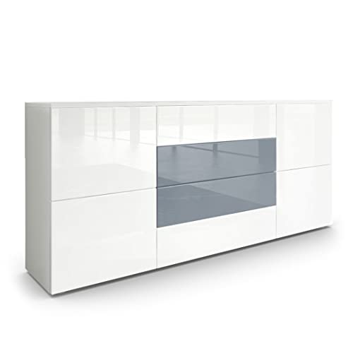 Vladon Sideboard Rova, Made in Germany, Kommode mit 4 Türen und 4 Schubladen, Weiß matt/Weiß Hochglanz/Grau Hochglanz (166 x 72 x 35 cm)