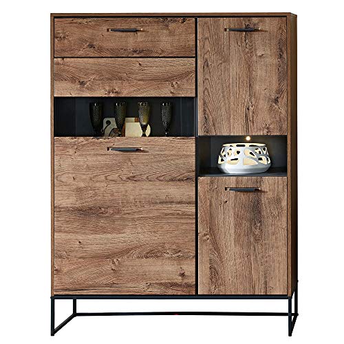 Lomadox Highboard im Industrial Design in Haveleiche Cognac mit Graphit inkl. LED-Beleuchtung