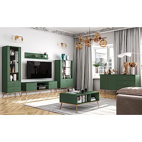 Wohnwand Wohnzimmermöbel grün 6-teilig Modern, 1 Vitrine, 1 Highboard, 1 Sideboard, 1 Lowboard, 1 Couchtisch, 1 Wandboard inkl. LED-Beleuchtung