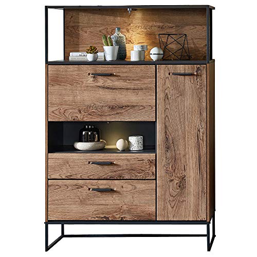 Lomadox Highboard im Industrial Look in Haveleiche Cognac mit Graphit inkl. LED-Beleuchtung