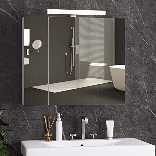 DICTAC spiegelschrank Bad mit LED Beleuchtung,Steckdose und lichtschalter 70x15x60cm(BxTxH) Badezimmer spiegelschrank mit 3 Türen,badschrank mit Spiegel,Hängeschrank,badspiegel,We iß