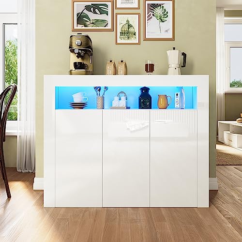 SUNXURY Kommode Weiß Hochglanz, Küchenschrank Sideboard mit LED 3 Türen Griffloses Design für Küche Flur Schlafzimmer 116x93x35cm(B/H/T)