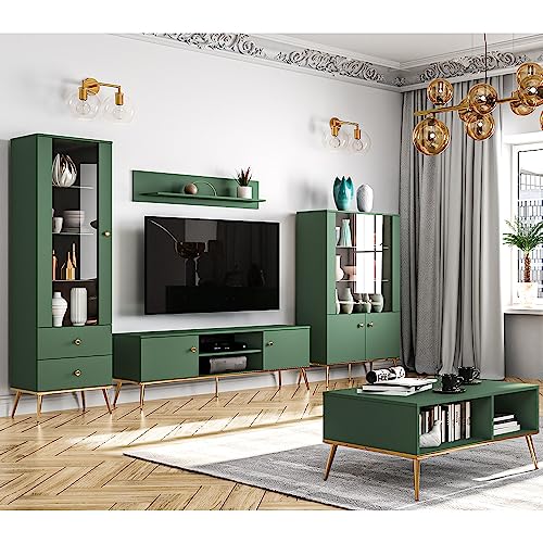 Wohnwand Wohnzimmermöbel grün 5-teilig Modern, 1 Vitrine, 1 Highboard, 1 Lowboard, 1 Couchtisch, 1 Wandboard inkl. LED-Beleuchtung