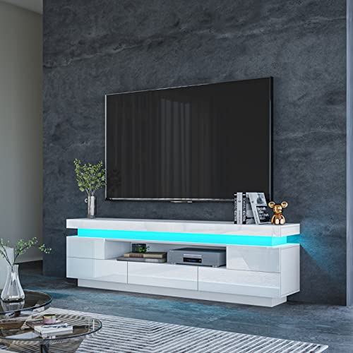 Senvoziii TV Lowboard 150cm Weiß mit 5 Schubladen & Klappdeckel Offenes Regal TV Schrank Fernsehschrank LED Licht für Wohnzimmermöbel 150x35x52 cm