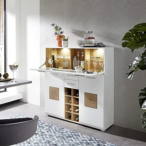 Lomadox Barschrank Hausbar Weinschrank Minibar matt weiß mit Eiche Nb. und LED Beleuchtung, B/H/T: ca. 120/129/37 cm