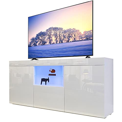 Dripex TV Schrank Lowboard mit LED Beleuchtung Weiß Hochglanz Fernsehtisch TV Board mit großem Stauraum 135x70x35 cm