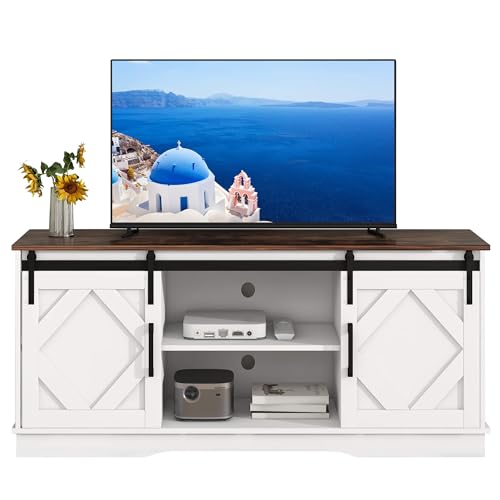 HYUB TV-Schrank, für unter 65-Zoll-Fernseher, TV Lowboard mit Einstellbare Regale und Offenes Ablagefach, Modern TV Sideboard mit 2 Klassischen Schiebetüren, für Ihr Wohnzimmer Schlafzimmer, Weiß
