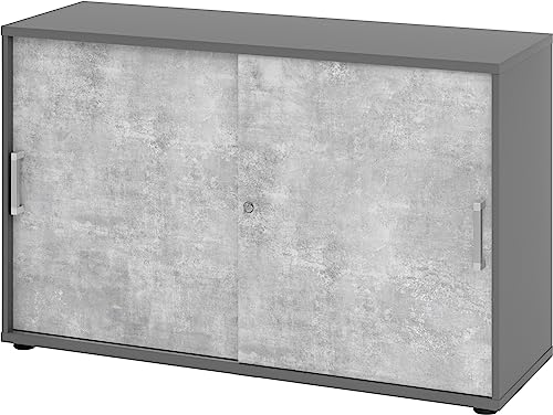 bümö Schiebetürenschrank 2OH - Aktenschrank abschließbar, Sideboard Schrank mit Schiebetüren in Graphit/Beton - Büroschrank aus Holz mit Schiebetür, Büro Kommode für Ordner & Co.