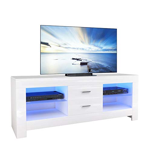Dripex TV Lowboard Weiß Hochglanz Board Schrank Fernsehtisch Kommode mit LED Beleuchtung und Schubladen, 130x50x35 cm