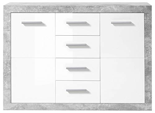 STONE Kommode mit Schubladen in Beton Optik, Weiß Hochglanz - Moderne Kommode mit viel Stauraum für Ihren Wohnbereich - 117 x 88 x 37 cm (B/H/T)