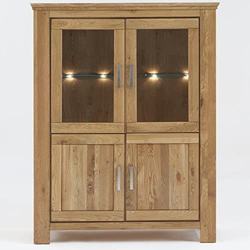 Lomadox Wohnzimmer Highboard, inkl. LED Beleuchtung, in Wildeiche massiv, B/H/T ca. 125/165/47 cm