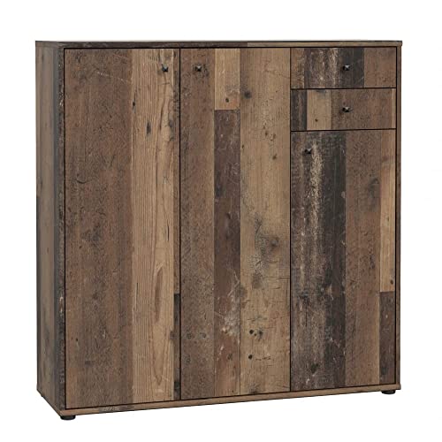 FORTE TEMPRA 2 Kommode mit 3 Türen und 2 Schubladen, Holzwerkstoff, Old – Wood Vintage Dekor, (B x H x T) 108,8 x 111,1 x 34,8 cm
