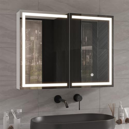 DICTAC spiegelschrank Bad mit Beleuchtung und Steckdose 80x13.5x60cm Metall Badezimmer Spiegelschrank mit LED Beleuchtung Doppeltür Hängeschrank Badschrank mit Spiegel und Einstellbar Ablage,Weiß