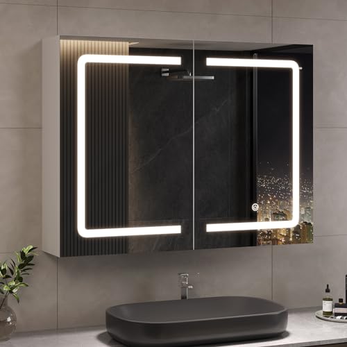 DICTAC Badezimmer spiegelschrank mit Beleuchtung 80x16x60cm Spiegelschrank Bad mit LED und Steckdose 80 cm Breit Doppeltür Badschrank mit Spiegel und Ablage,Hängeschrank,Berührung Sensorschalter,Weiß