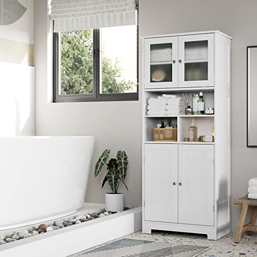 HOCSOK Badezimmerschrank Badschrank mit offenem Fach und 4 Türen Küchenschrank aus Holz mit Verstellbarer Einlegeboden weiß 147.5 x 60 x 30 cm