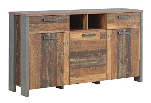 FORTE Clif Kommode mit 3 Türen und 2 Schubladen, Holzwerkstoff, Old – Wood Vintage/ Betonoptik Dunkelgrau, 156,4 x 86,3 x 41,6 cm