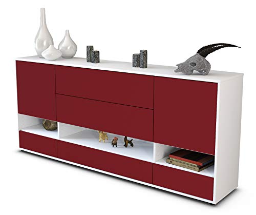 Stil.Zeit Sideboard Florentina - Korpus Weiss matt - Front Bordeaux (180x79x35cm) Push-to-Open Technik & Leichtlaufschienen