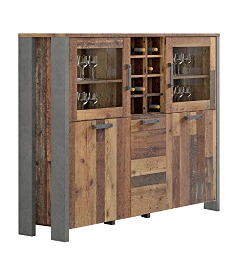 FORTE Clif Highboardvitrine mit 3 Türen unf 2 Glastüren, Holzwerkstoff, Old –Wood Vintage/ Betonoptik Dunkelgrau, 151,3 x 125,4 x 41,5 cm