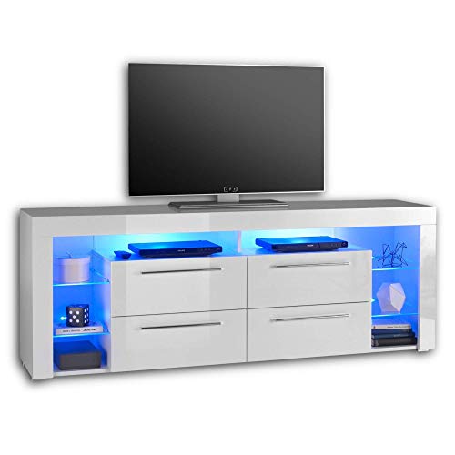 Stella Trading GOAL TV-Lowboard in Hochglanz Weiß mit blauer LED-Beleuchtung - hochwertiges Board mit viel Stauraum für Ihr Wohnzimmer - 179 x 67 x 44 cm (B/H/T)