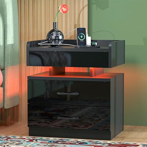 PIPIPOXER Nachttisch mit Steckdose & USB, Nachtschrank Hochglanz Nachtkommode 2 Schubladen mit Led 16 Farben Beleuchtung Beistelltisch für Wohnzimmer, Schlafzimmer, 45x35x52cm,Schwarz